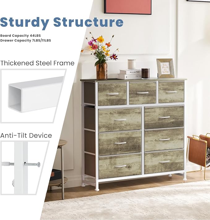 DUMOS Dresser for Bedroom, Storage Organizer with 9 Drawers, Chest of Drawers with Fabric Bins, Sturdy Metal Frame, Wood Tabletop for Guest Room, Closet, Entryway, Oak