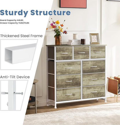 DUMOS Dresser for Bedroom, Storage Organizer with 9 Drawers, Chest of Drawers with Fabric Bins, Sturdy Metal Frame, Wood Tabletop for Guest Room, Closet, Entryway, Oak