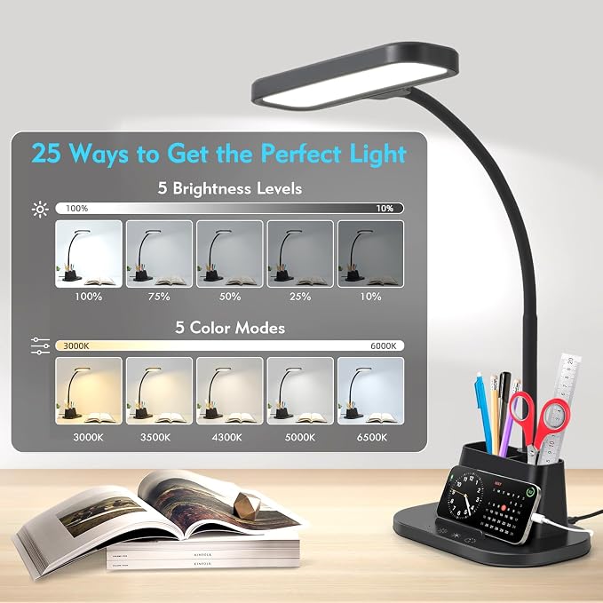 BOHON Desk Lamp for Home Office Reading Light with USB Charging Port Black | Small Desk Lamps with Pen Holder, 5 Color Modes 5 Brightness, Touch Gooseneck LED Table Lamp for Dorm Room Essentials Study
