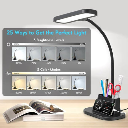 BOHON Desk Lamp for Home Office Reading Light with USB Charging Port Black | Small Desk Lamps with Pen Holder, 5 Color Modes 5 Brightness, Touch Gooseneck LED Table Lamp for Dorm Room Essentials Study