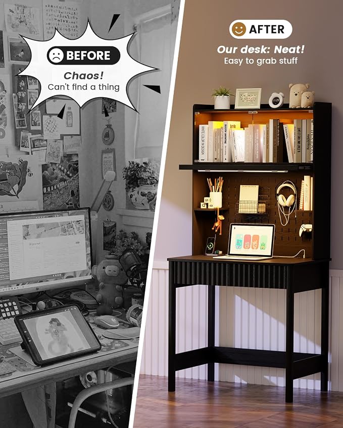 HNEBC Black Computer Desk - with Power Outlets & Chariging Station,Small Writing Desk with Hutch and Drawers,66.3''H Office Desk with Pull-Out LED Lights,Pop-up Glass Door,Pegboards,Bedroom