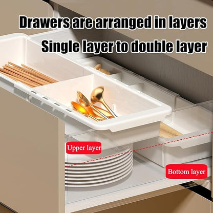 Sliding Drawer Tray with Adjustable Dividers, Expandable Kitchen Storage Organizer, Sliding Drawer Bin, Expandable Drawer Organizer, 2 PCS Drawer Organizer Trays For Utensils, Flatware, Junks