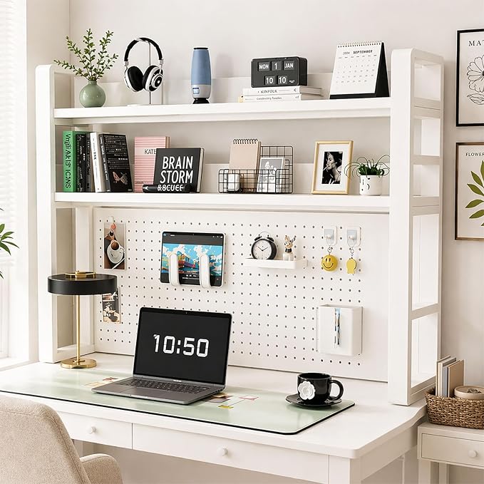 Lefedrasticity Desktop Bookshelf Organizer with Pegboard 3 Tier Desk Hutch Dorm Heavy-Duty Desk Shelf Organizer for Computer Desktop Organizer Shelf for Office Dorm Room Gaming Desks (White, 45.3" L)