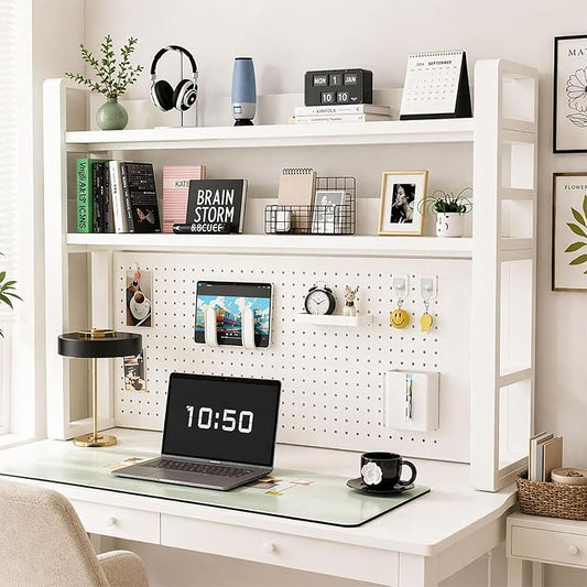 Lefedrasticity Desktop Bookshelf Organizer with Pegboard 3 Tier Desk Hutch Dorm Heavy-Duty Desk Shelf Organizer for Computer Desktop Organizer Shelf for Office Dorm Room Gaming Desks (White, 45.3" L)