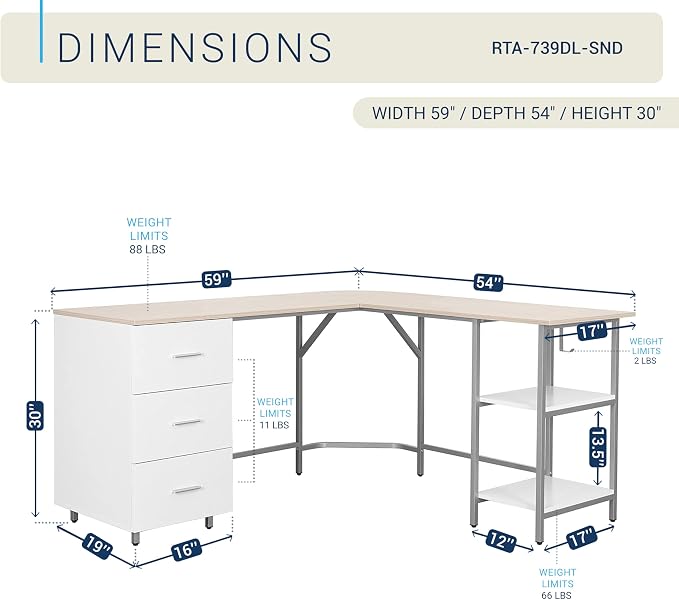 Techni Mobili L Shaped Desk - Two-Toned Computer Desk with Drawers & Storage Shelves - Simple Modern Furniture & Home Office Space Corner Table for Work & Writing