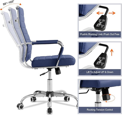 Home Office Chair Ribbed,Modern Leather Conference Room Chairs,Ergonomic Office Desk Chair, High Back Executive Computer Chair, Adjustable Swivel Chair with Arms (Blue)