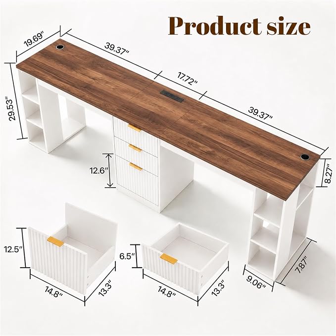 NORTHSKY 96.5" 2 Person Desk with Power Outlet & USB Ports, Double Computer Desk with Drawers & Storage Shelves, Modern Fluted Home Office Desk, White