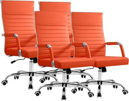 Furmax Ergonomic Office Desk Chair, Executive Ribbed Mid-Back PU Leather Conference Room Chair Adjustable Swivel Chair with Arms (4, Orange)