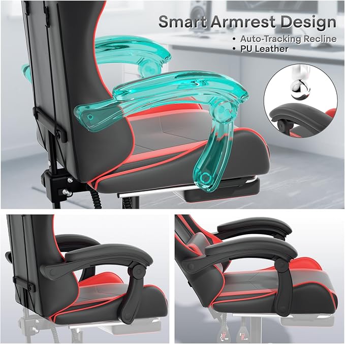 Athena Collection Ergonomic Gaming Chair with Footrest & Headrest Lumbar Support, Height Adjustable Swivel Office Chair Reclining Game Chair Leather High Back Computer Chair for Adults, Red