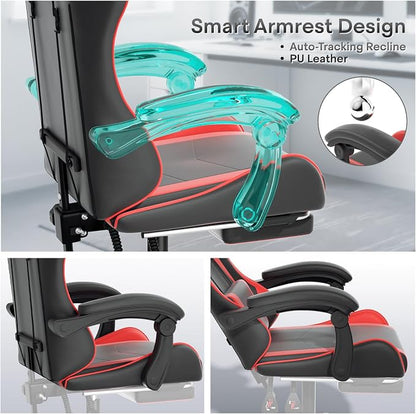 Athena Collection Ergonomic Gaming Chair with Footrest & Headrest Lumbar Support, Height Adjustable Swivel Office Chair Reclining Game Chair Leather High Back Computer Chair for Adults, Red