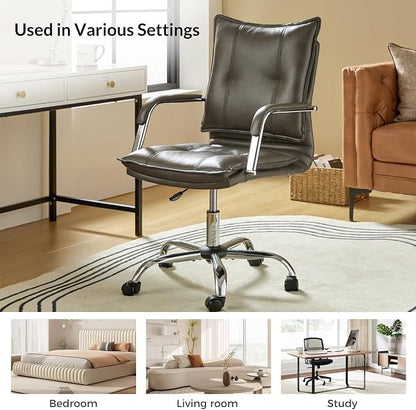 HULALA HOME Faux Leather Home Office Desk Chair, Adjustable Swivel Computer Chair with Sliver Legs and Arms, Comfy Upholstered Task Chair(Grey)