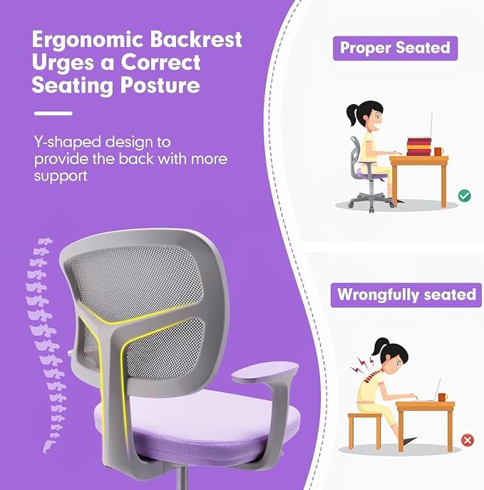 Kids Desk Chair, Height Adjustable Children Study Chair w/Lumbar Support, Swivel Mesh Seat, Universal Casters, Ergonomic Kids Task Chair for Boys Girls Aged 3-10, Home, School, Office (Purple)