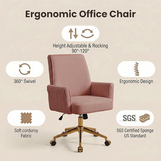 Stripes Velvet Home Office Desk Chair, Accent Upholstered Modern Height Adjustable Swivel Chair with Wheels,Ergonomic Task Chair for Living Room,Bedroom,Vanity,Study,Office（Pink）