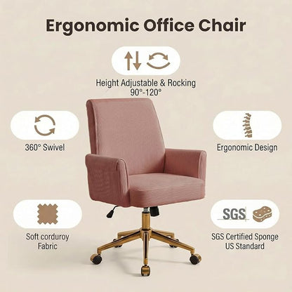 Striped Velvet Office Chair, 360° Swivel Ergonomic Task Chair with High Back, Gold Base and Wheels, Height Adjustable Modern Accent Chair for Home Office, Living Room, Study, Vanity (Dark Pink)