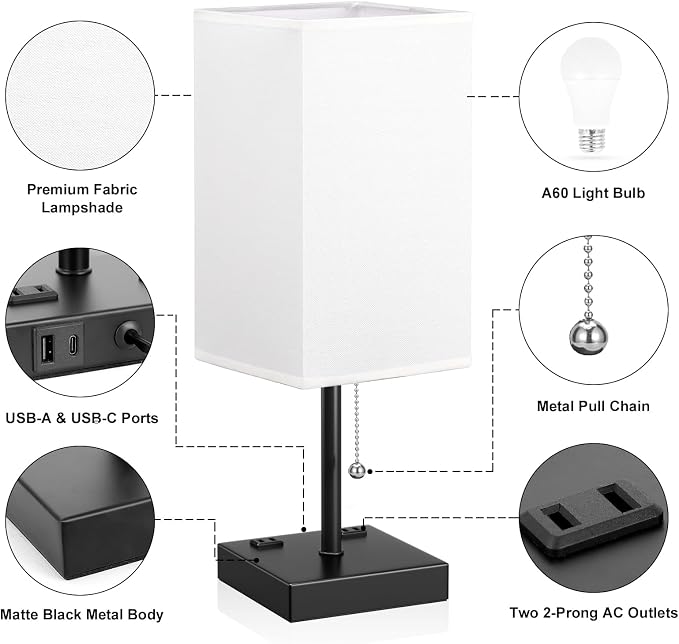 White Medium Table Lamp with USB Ports - 3 Color Temperature Bedside Lamp for Bedroom, Pull Chain Control, USB A and C Ports, 2 AC Outlets, Bulb Included