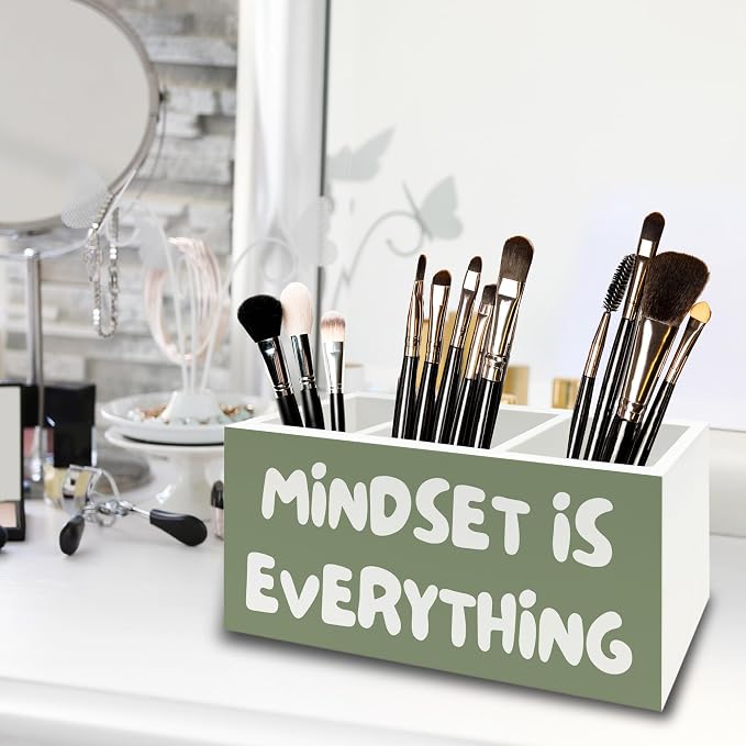 Green Inspirational Pen Pencil Holder Organizer for Desk, Inspirational Gifts for Women, Mindset Is Everything Motivational Wooden Box Sign for Home Office Desk Tabletop Decorations