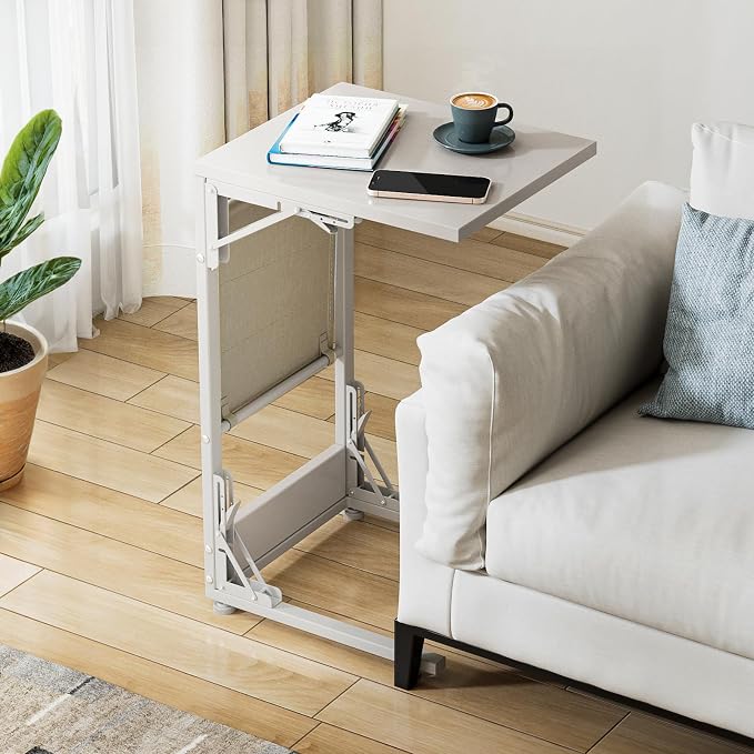 Folding TV Tray Table, Small Folding Side Table with Storage Bag, Portable C Shaped End Table for Couch Sofa Bed, White