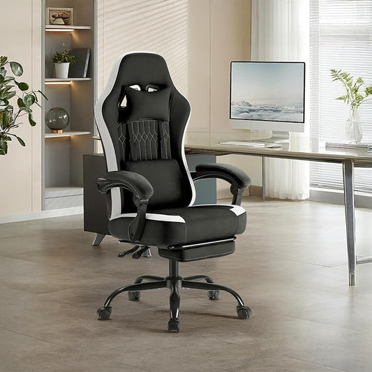 NEWBULIG Gaming Desk Chair - High Back Computer Office Chair with Footrest and Headrest, Comfy Ergonomic Lumbar Support with Linkage Armrests, Height Adjustable and 360° Swivel Wheels, Black