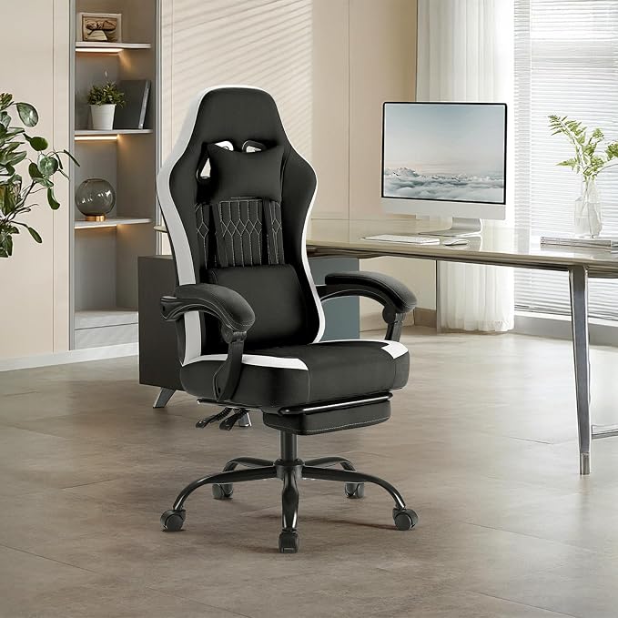 Sweetcrispy Computer Gaming Chair: Ergonomic Desk Chair with Footrest and Lumbar Support, High Back Height Adjustable with Linkage Armrests and Headrest, 360° Swivel Wheels, Black