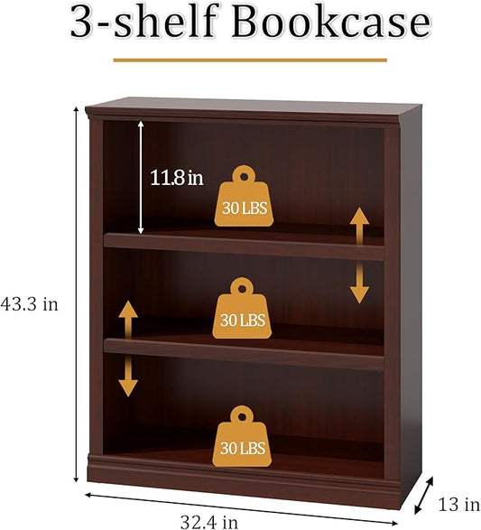 blini 3-Shelf Bookcase Wooden Bookshelves 33in Wide Floor Standing Display Storage Shelves Mahogany Bookcase for Home Office, Living Room, Bedroom
