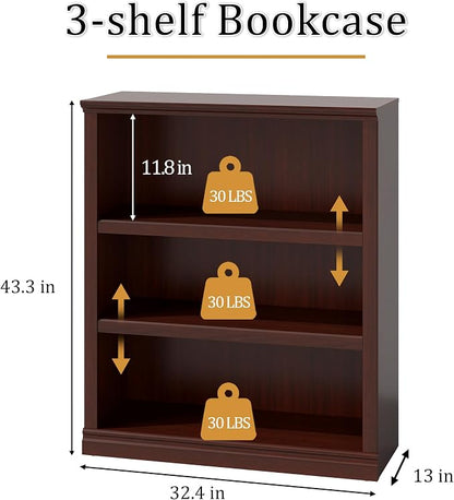 blini Wooden Bookshelf and Bookcase 3 Tier Double Wide Large Bookshelves Set of 2, Wood Bookshelf for Living Room, Home Office, Library (Mahogany, 3-Shelf)