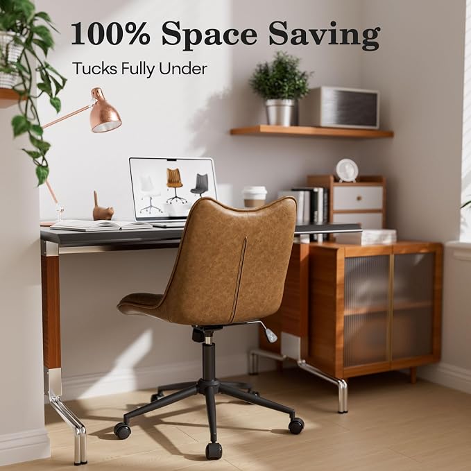 Armless Office Chair, Swivel Rolling Leather Desk Chair, Brown | Waterproof Upholstery, Padded Seat, 15° Relaxing Tilt, 330 LBS Capacity, for Bedroom Vanity and Computer Work