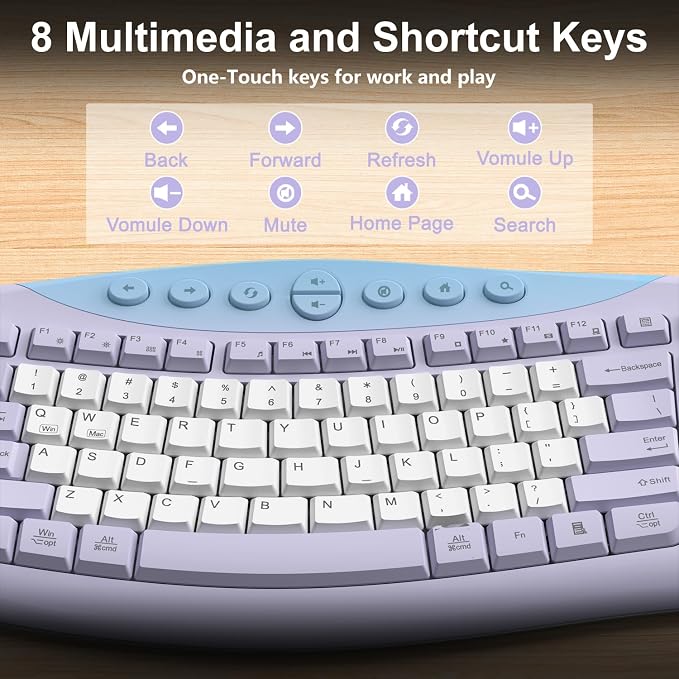 Wireless Keyboard and Mouse Combo, 2.4G Full Size Quiet Ergonomic Curved Keyboard for Natural Typing, 3-Level DPI Adjustable Silent Mouse for Windows, Mac OS, Desktop/Office and Home (Purple-B)