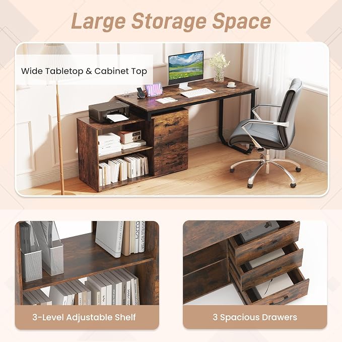 GOFLAME Reversible L Shaped Computer Desk with Charging Station, 55” Home Office Desk with 3 Drawers, 3-Level Adjustable Shelf, Convertible Study Writing Desk for Small Space, Rustic Brown