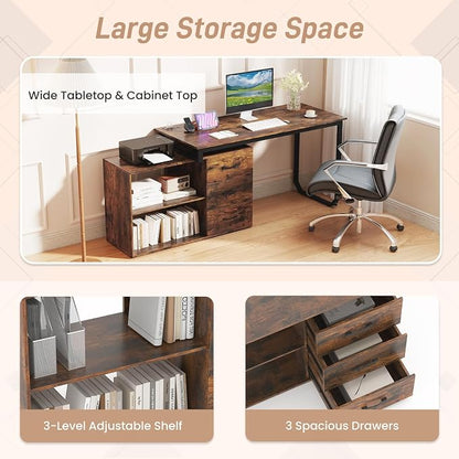 GOFLAME Reversible L Shaped Computer Desk with Charging Station, 55” Home Office Desk with 3 Drawers, 3-Level Adjustable Shelf, Convertible Study Writing Desk for Small Space, Rustic Brown