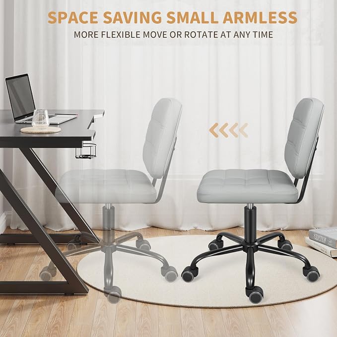 ERGOSEAT Armless Office Chair with Wheels, Small Desk Drafting Chair for Small Space, PU Leather Computer Task Chair, Height Adjustable Rolling Chair, Compact Chair for Home Office, Dorm, Light Grey