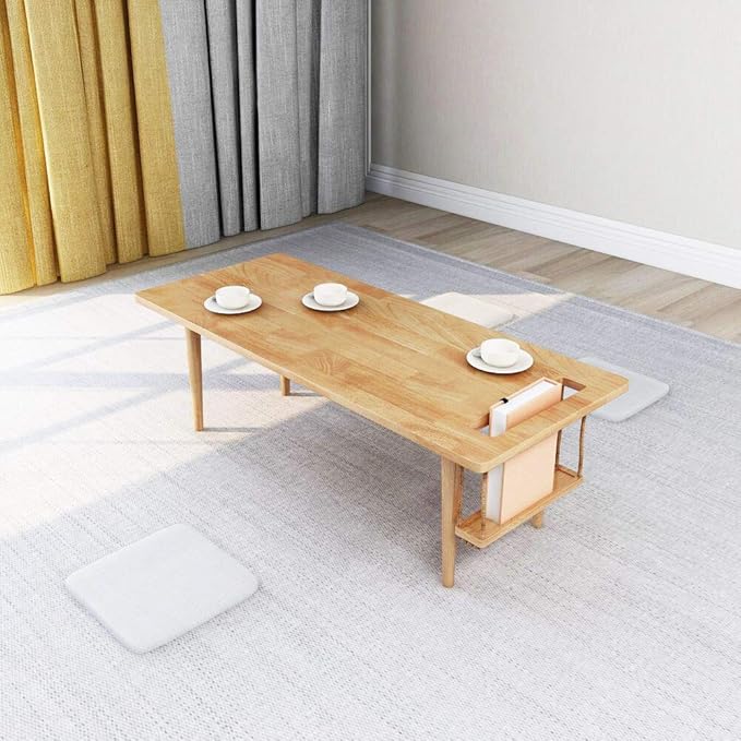 WoodShine Mid Century Modern Mini-Swing Wooden Coffee/Tea Table, Japanese Low Floor Desk, Real Solid Wood Cafe Table with Storage for Home Living Room,Office, Length of 47.25 inches,Natural