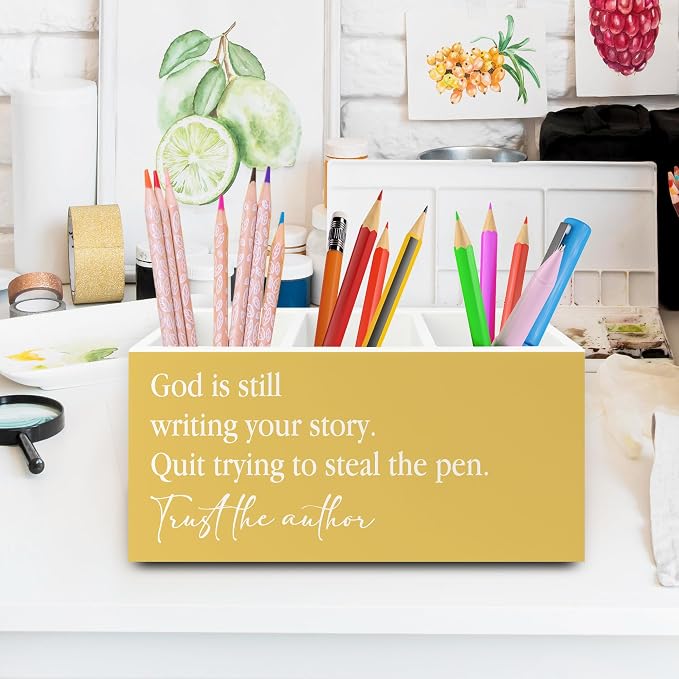 Yellow Christian Inspirational Pen Pencil Holder Organizer for Desk, Christian Office Decor, God Is Still Writing Your Story Bible Verse Wooden Box Sign for Office Home Desk Tabletop Decorations