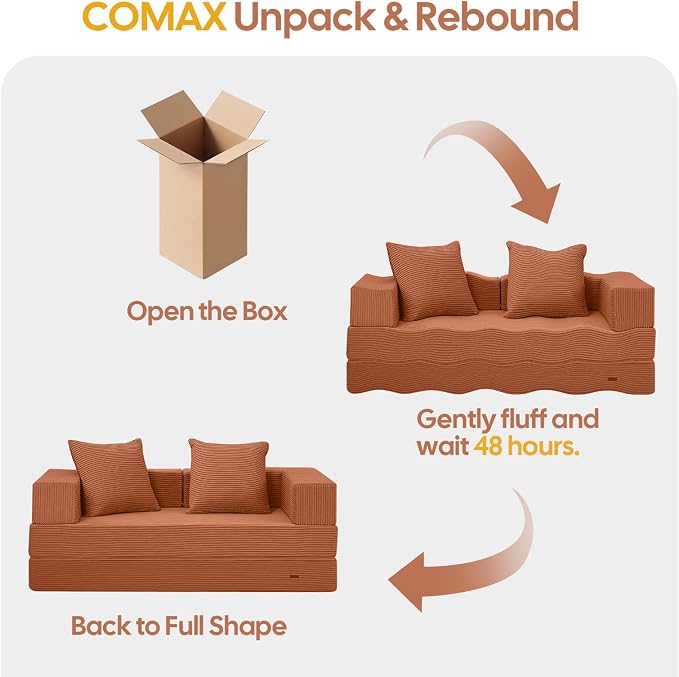 COMAX Futon Sofa Bed, 4‑in‑1 Convertible Sofa Bed, Folding Boneless Couches | Boneless Couch for living room, Fold Out Small Foldable Loveseat Floor Sleeper Mattress Lounge Space‑Saving, Light Orange