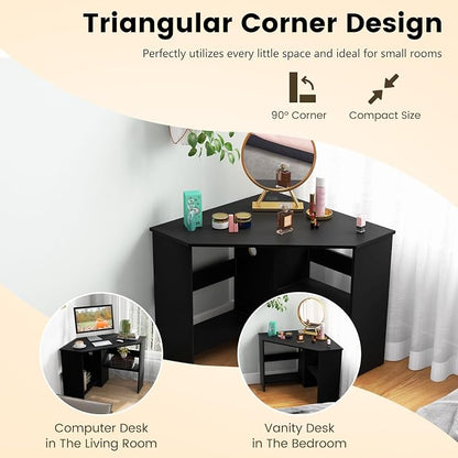Corner Computer Desk with Shelves, 90° Triangle Wooden Study Writing Table Cable Management Holes, Space Saving Compact Study Workstation for Bedroom Living Room Office (Black)