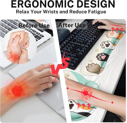 Britimes Kawaii Cat Paws Keyboard Mouse Pad Set Cute Cartoon 4in1 Large Mousepad+Keyboard Wrist Rest+Mouse Wrist Rest+Coaster Ergonomic Design for Home Office Computer 35.4x15.7 inches