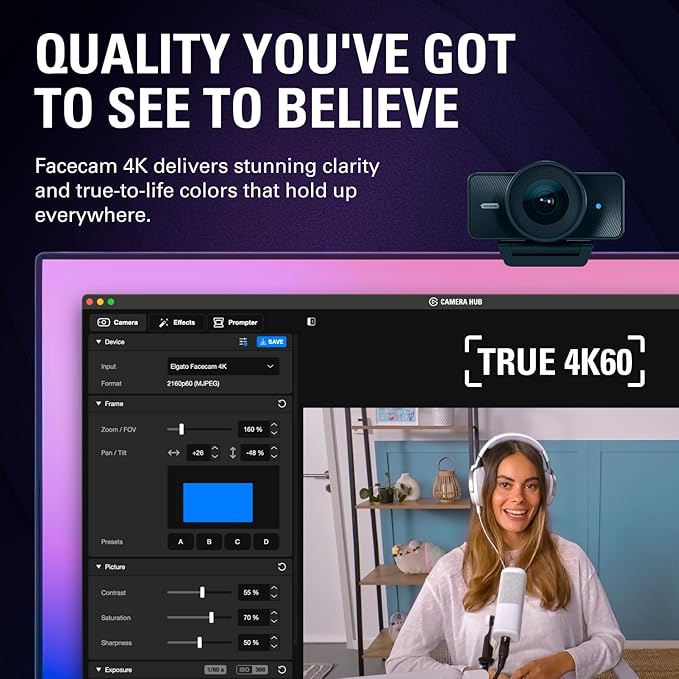 Elgato Facecam 4K, 4K60 Studio Webcam, DSLR-Like Control | Sony STARVIS 2 sensor, 49mm lens filter support, Uncompressed video, HDR support, Eco-friendly build, USB-C