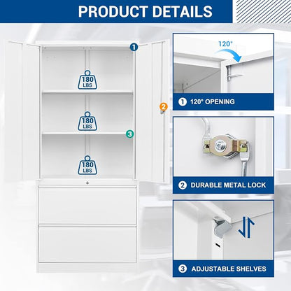 Fesbos Metal Steel Cabinets with 2 Lockable Lateral File Cabinets and Doors, Steel Metal Filing Lockers for Home Office Hanging Files Letter/Legal/F4/A4 Size