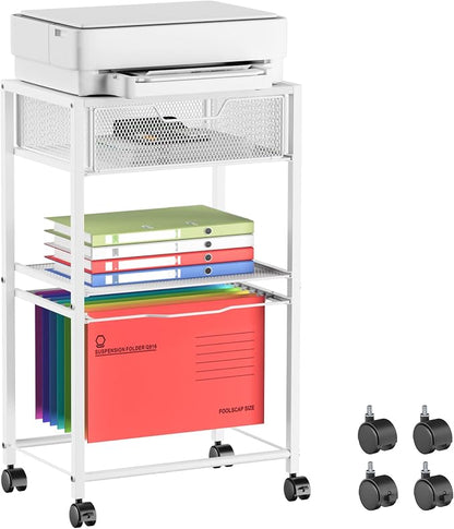 Cawukege 3 Tier Printer Stand, Mobile Table with Wheels, Printer Shelf Rolling Cart with Storage Desk Organizer Hanging File for Office Home, White