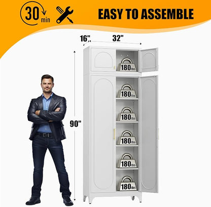 Metal Storage Cabinet with Doors, 90" Tall Kitchen Pantry Storage Cabinets with Adjustable Shelves, White Pantry Closet, Steel Large Cupboard, High Leveling Feet- Assembly Required
