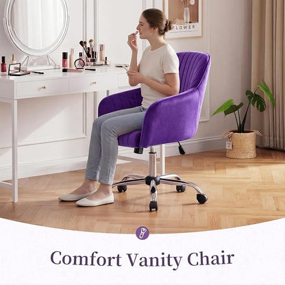 Warmiehomy Vanity Chair, Velvet Home Office Desk Chairs, Comfy Ergonomic Office Chair, Makeup Computer Chair with Arm Rest, Velvet Plum Purple