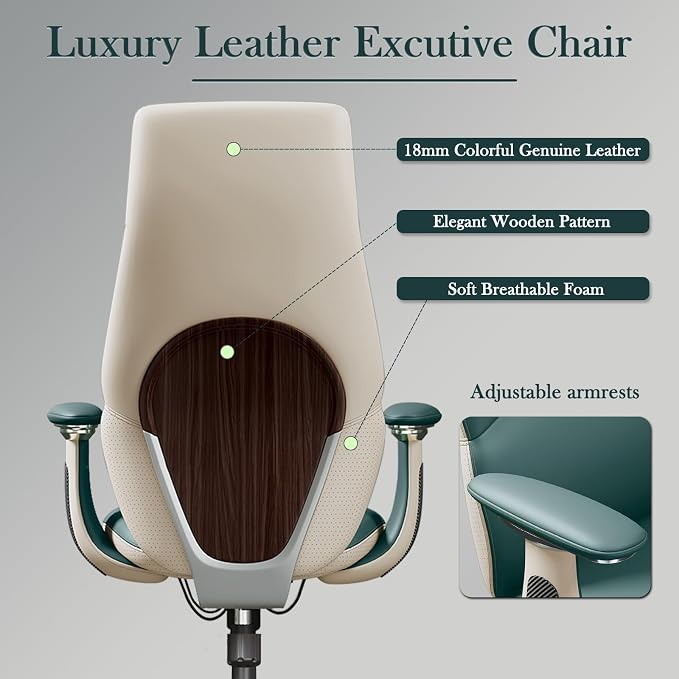 Ergonomic Genuine Leather Office Chair, Executive Chair with Tilt Adjustable High Back and Lumbar Support, 400lbs Weight Capacity Metal Base with 360° Flexible Wheels, Green