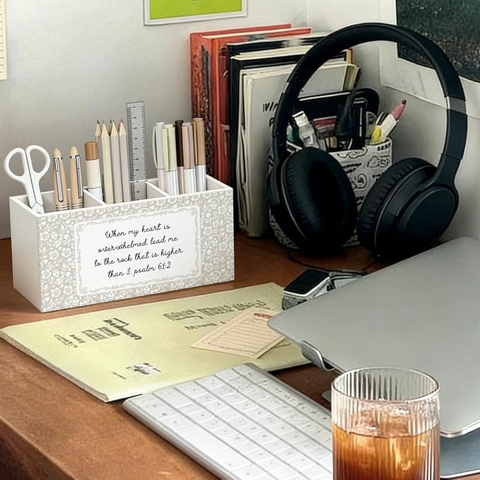 Christian Flower Pen Pencil Holder for Desk, Christian Gifts for Women, Religious Bible Verse Floral Wooden Box Sign Decorations for Home Bedroom Office Desk Tabletop