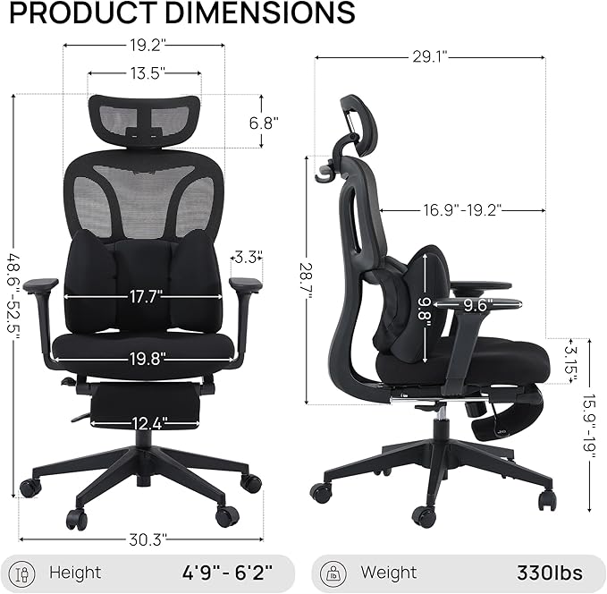 CabLady S1 High Back Ergonomic Mesh Office Chair with Footrest, 300 lbs | 115° Recline Lock, Adjust Seat Depth, 2D Arms, 3D Headrest, Detachable Lumbar Support, Breathable Mesh, BIFMA, Black