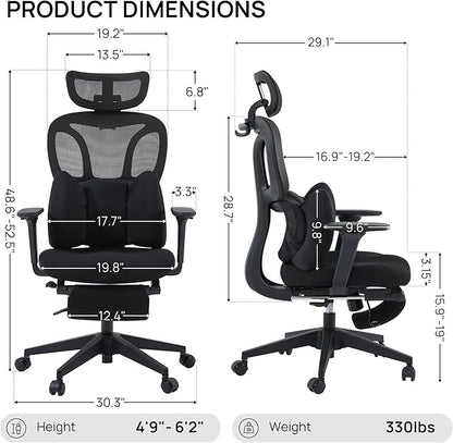 CabLady S1 High Back Ergonomic Mesh Office Chair with Footrest, 300 lbs | 115° Recline Lock, Adjust Seat Depth, 2D Arms, 3D Headrest, Detachable Lumbar Support, Breathable Mesh, BIFMA, Black