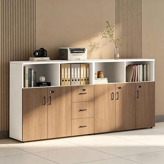 File Cabinet with Password Lock, Wood Lateral Filing Cabinet for Letter/A4 Files, 3 Drawer with Door, Printer Stand with Open Shelves for Home Office