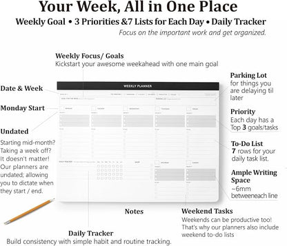 Elegant Undated Weekly Desk Planner with Habit Tracker-A4 Daily To-Do List Notepad with Task Checklist, Priority Checkboxes & Notes, Dashboard Notebook for Office Organization & Work Productivity
