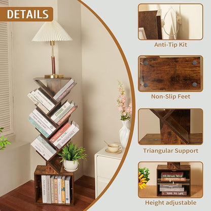 7 Tier Tree Book shelf, Small Bookcase with Reading Planner and Activity Panel, Modern Floor Standing Corner Tall Narrow Storage Cabinet Bookshelves for Home Office Bedroom Living Room (Rustic Brown)