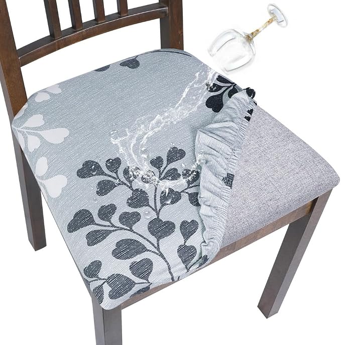 SearchI Water Repellent Seat Covers for Dining Chairs, 6 Pack Jacquard Stretch Dining Room Chair Seat Covers, Kitchen Chair Seat Covers Protectors(Grey Foliage)