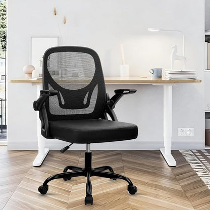 CLATINA Office Chair with Wheels, Ergonomic Flip Up Arms Mesh Back Desk Chairs with Lumbar Support, PU Leather Seat Adjustable Height Swivel Rolling Computer Task Chair for Study Home School, Black