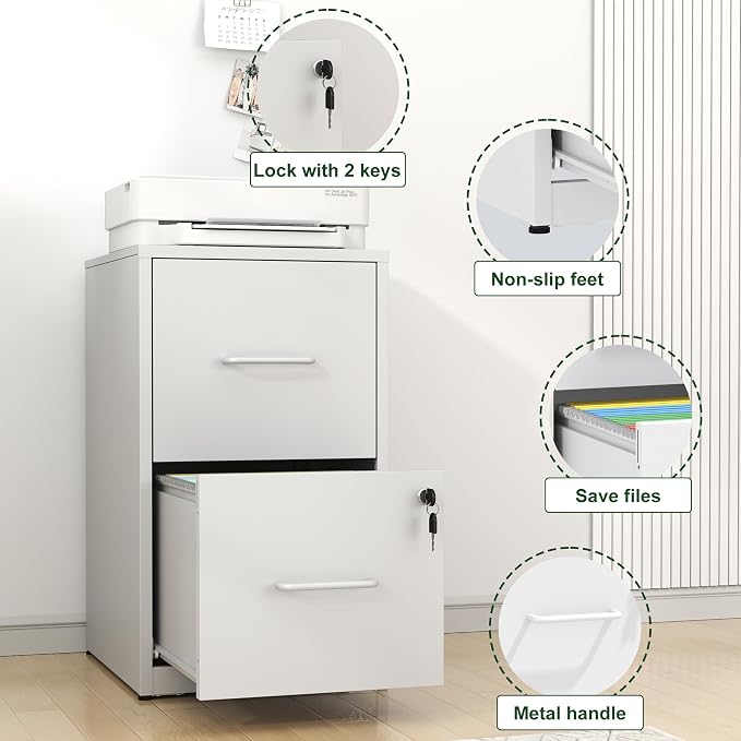 2 Drawer File Cabinet with Lock, Vertical File Cabinet with Lock, Locking File Cabinet Hanging Files for A4/ Legal/Letter, Assembly Required, White